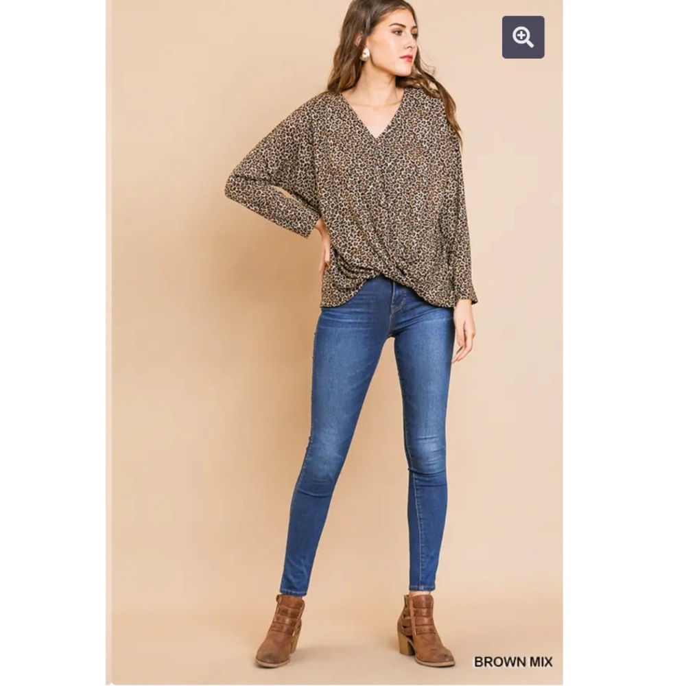 Umgee Animal-Print V-Neck Top w/ Front Gathering - Picture 9 of 12